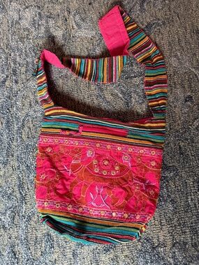 Boho Embroidered Pink Crossbody Bag with Striped Accents